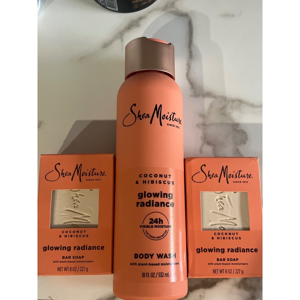 SheaMoisture Coconut Hibiscus Glowing Radiance Body Wash 18oz & 2 Bar Soaps 8oz